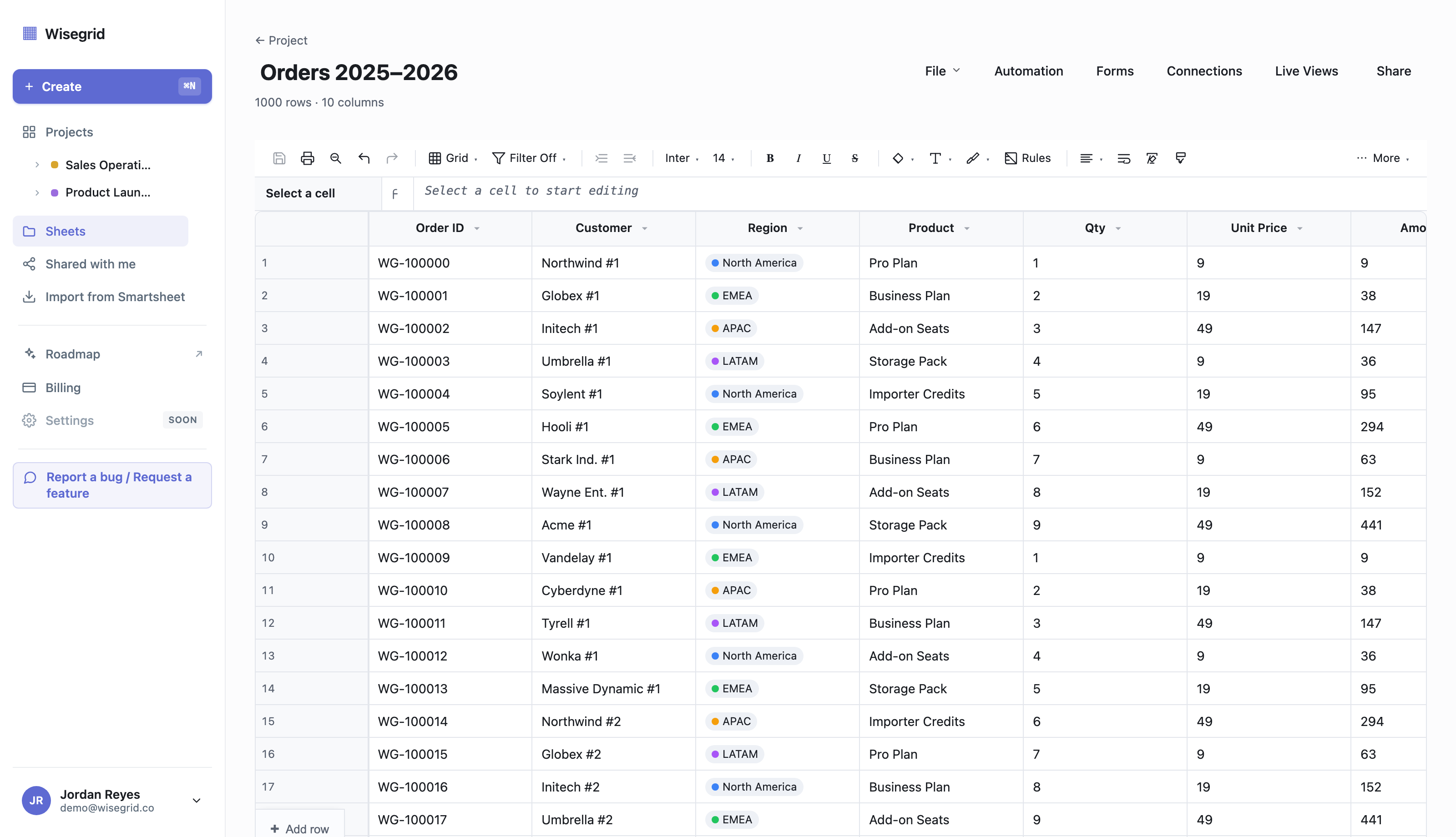 A Wisegrid grid sheet "Orders 2025–2026" with 1,000 rows by 10 columns, showing the spreadsheet staying responsive at scale with no large-scale-sheet mode and no features disabled