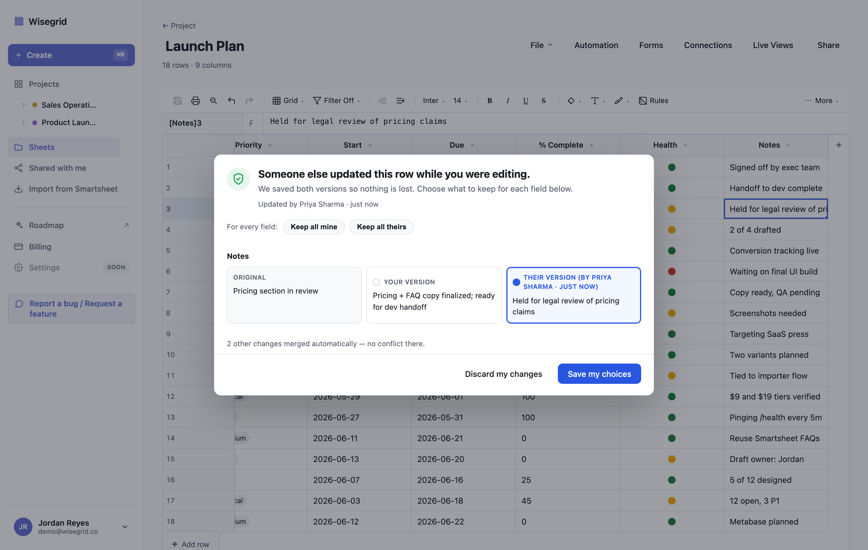 Wisegrid row-version conflict modal showing a three-way diff between your edit and a teammate's saved change, with the reassurance "We saved both versions so nothing is lost"