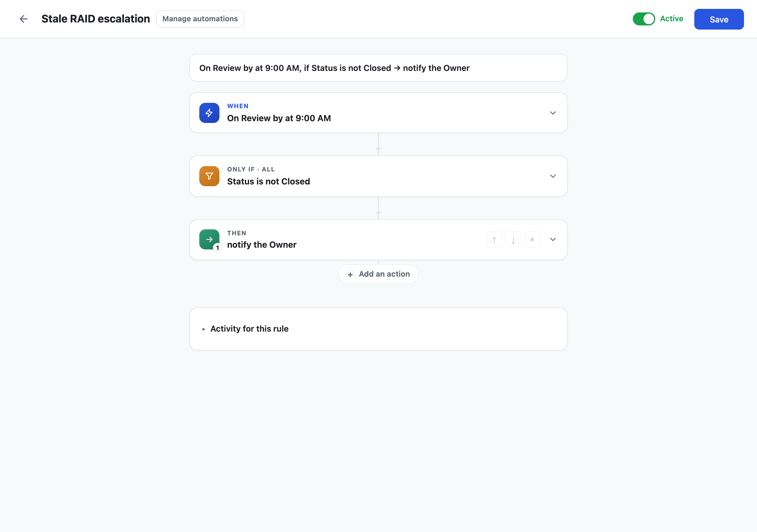 The automation builder showing a date trigger reading on Review by at 9:00 AM, a condition Status is not Closed, and an Alert someone action targeting the Owner contact column.