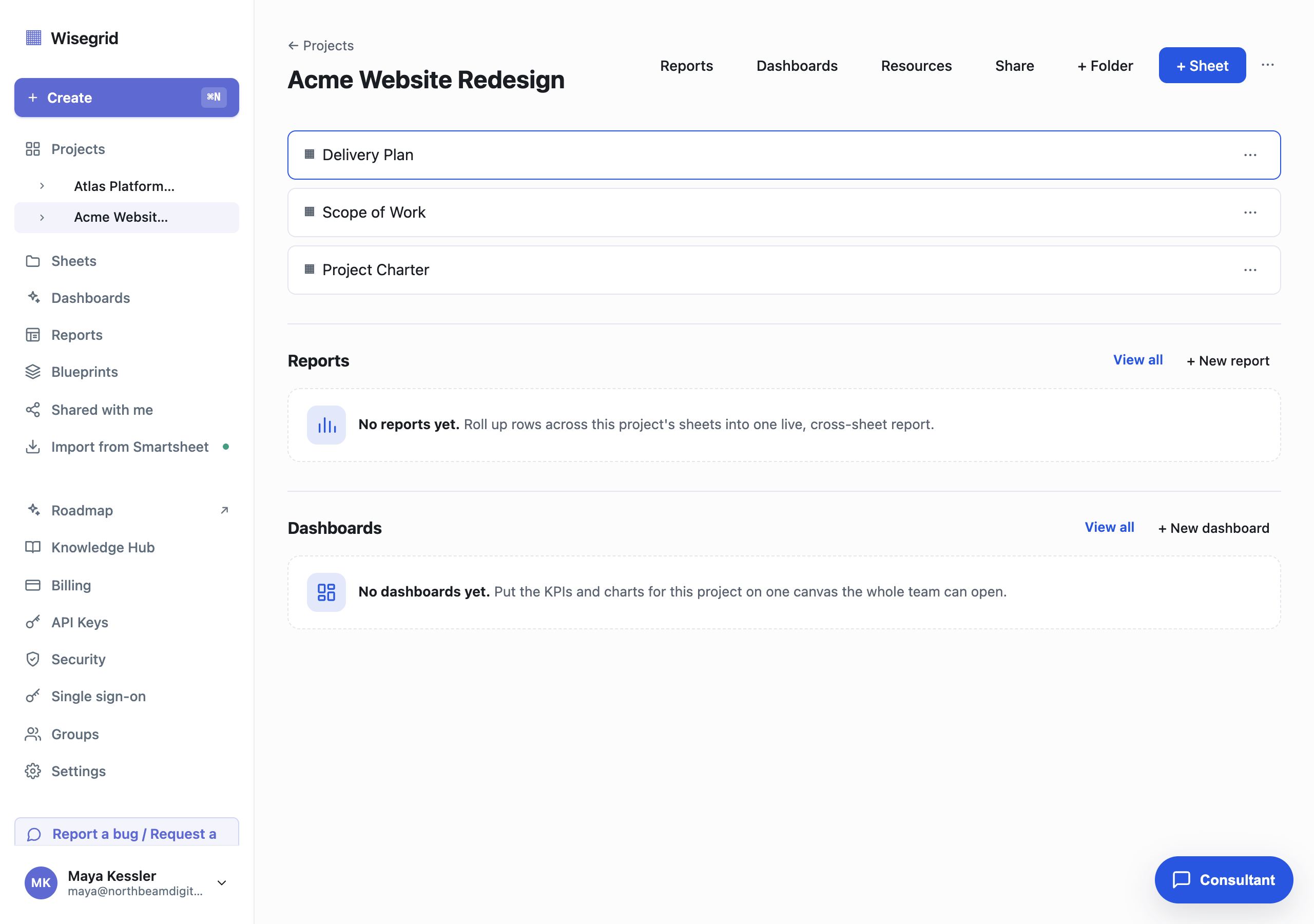 The Acme Website Redesign project overview listing three sheets, Delivery Plan, Scope of Work, and Project Charter, above empty Reports and Dashboards sections that invite creating a cross-sheet report and a dashboard.