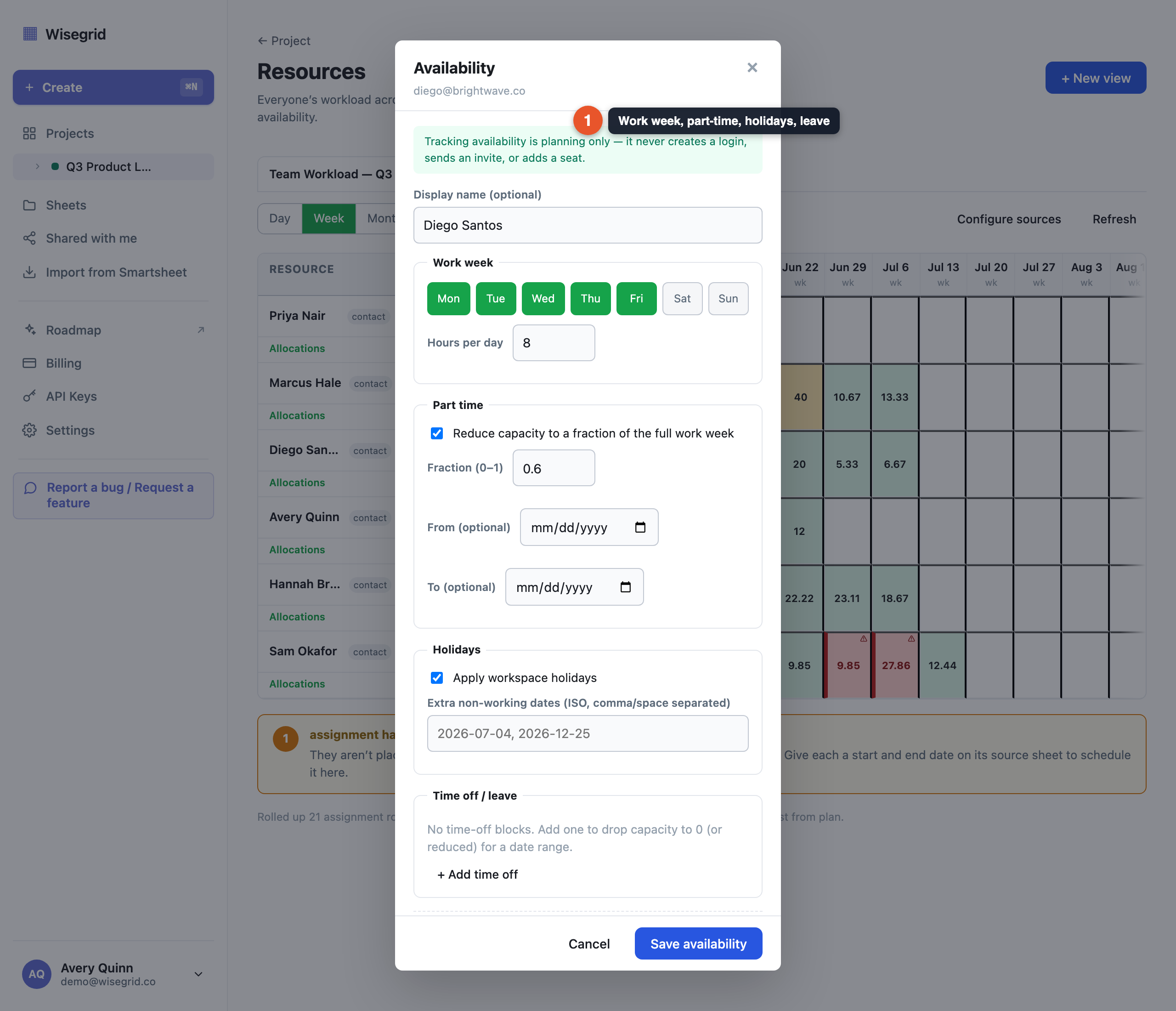 The availability editor for a part-time resource showing the work week, a part-time fraction, holidays, and leave blocks.