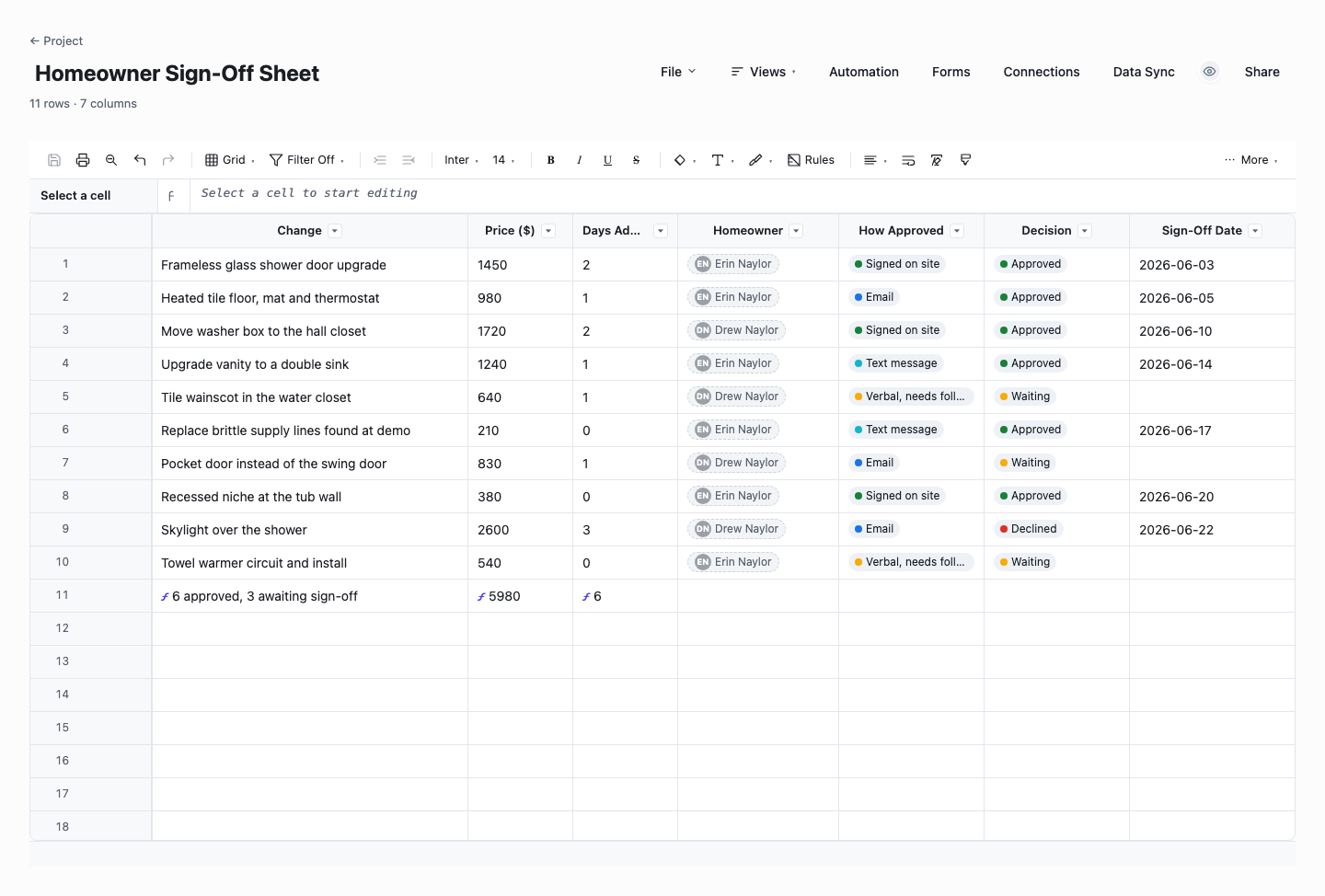 Homeowner Sign-Off Sheet: change order log template screenshot
