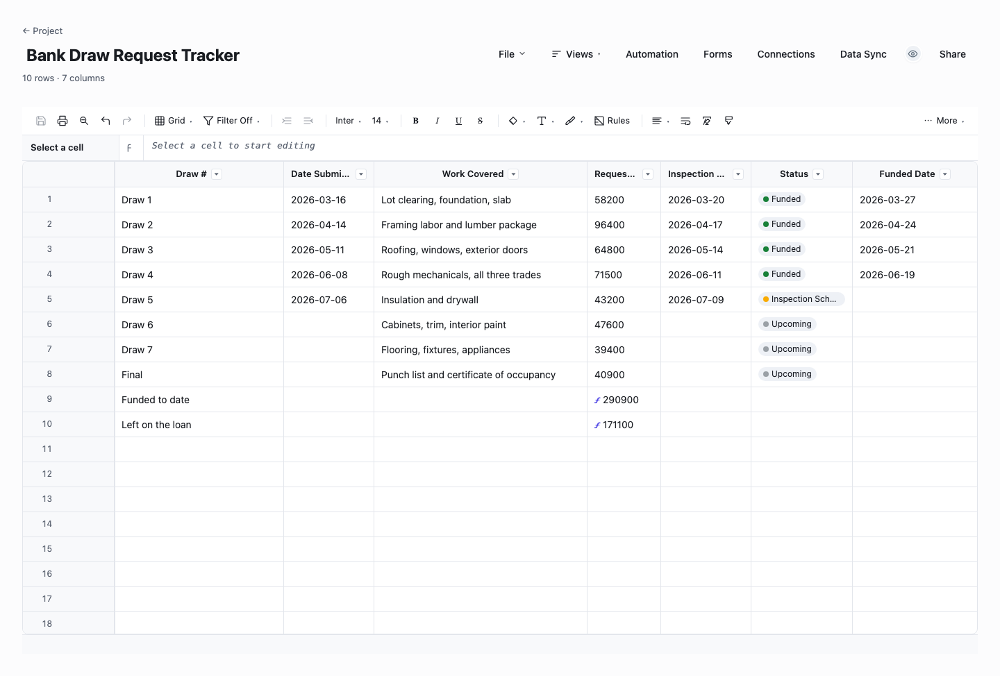 Bank Draw Request Tracker: draw schedule template screenshot