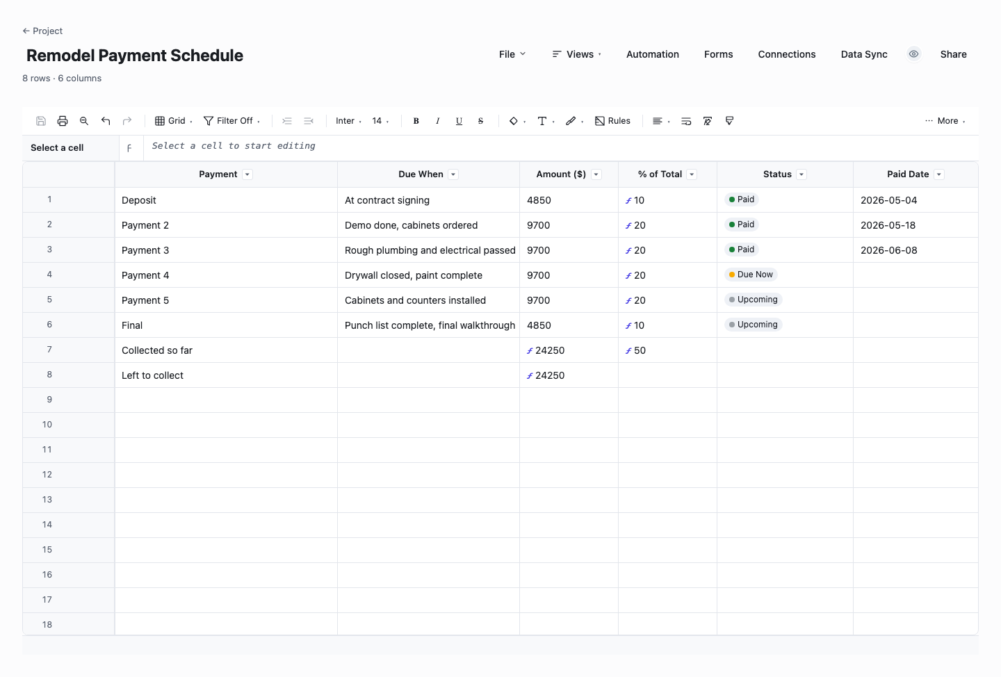 Remodel Payment Schedule: draw schedule template screenshot