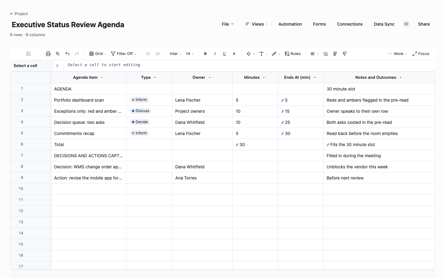 Executive Status Review Agenda: meeting agenda template screenshot