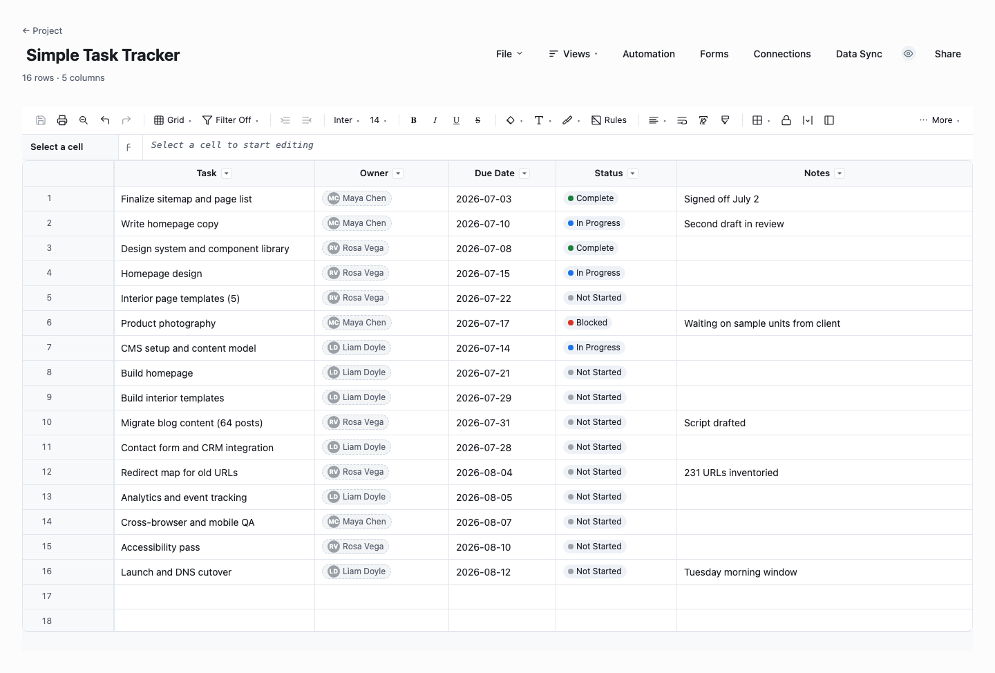 Simple Task Tracker: excel project tracker template screenshot