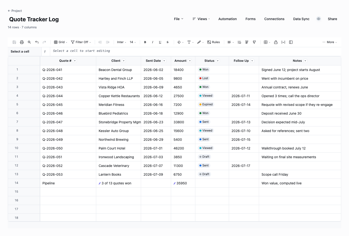 Quote Tracker Log: quote template screenshot