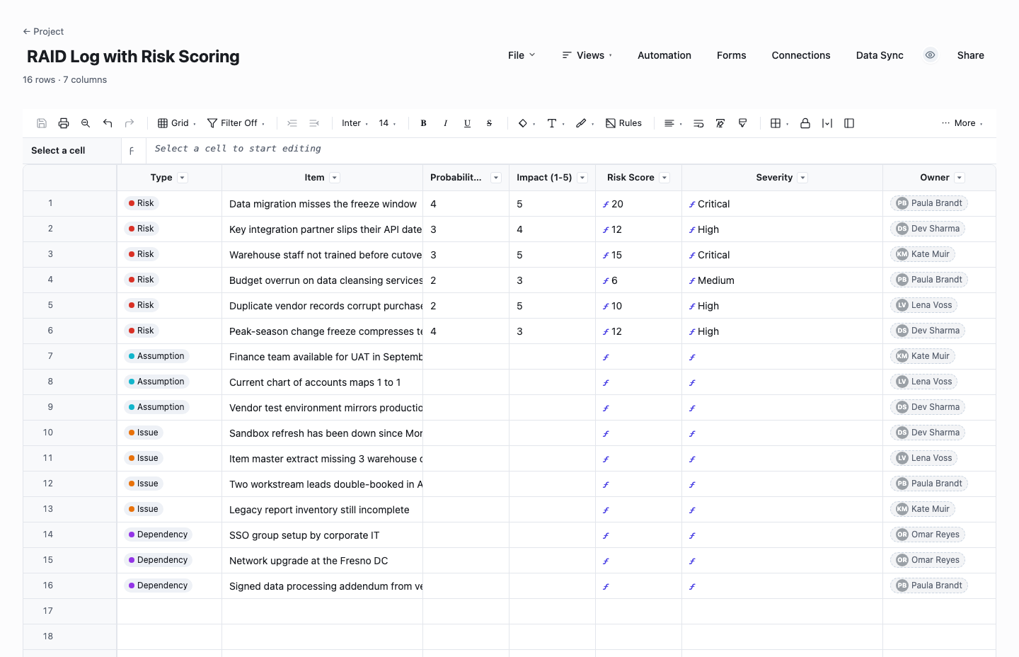 RAID Log with Risk Scoring: raid log template screenshot