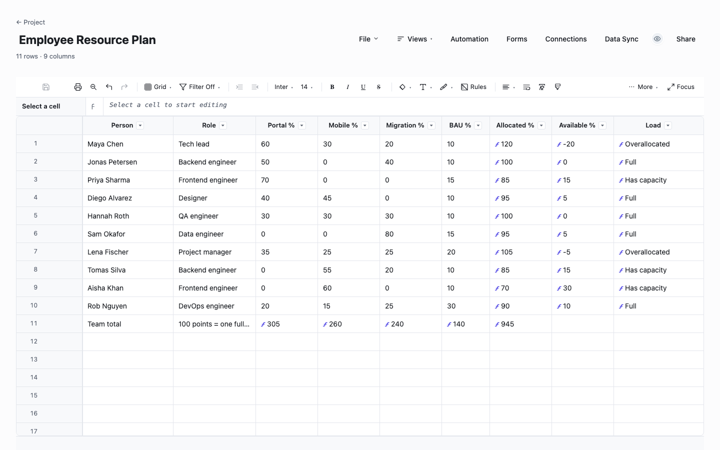 Employee Resource Plan: resource planning template screenshot